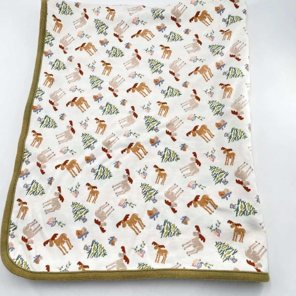Gymboree Reversible Baby Blanket Moose Trees Green Trim Primary Stripes Nature